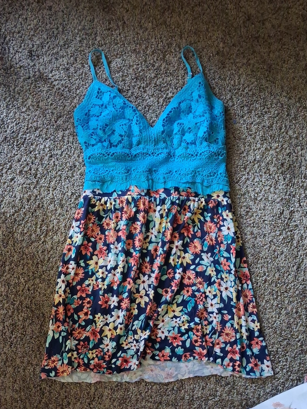 Turquoise Lace & Navy Floral Slip Dress - Women’s Intimates